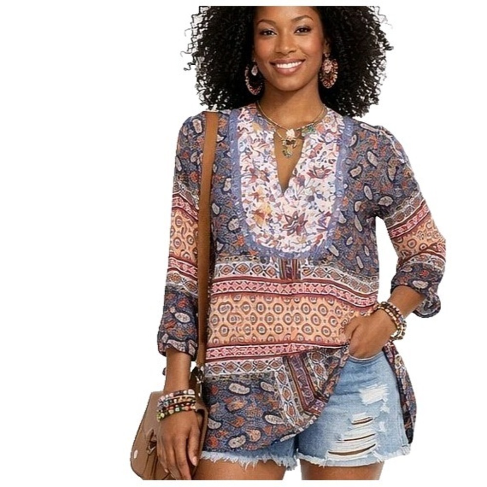 FIG & FLOWER Size Small Anthropologie Floral Paisley Boho Festival Tunic Blouse